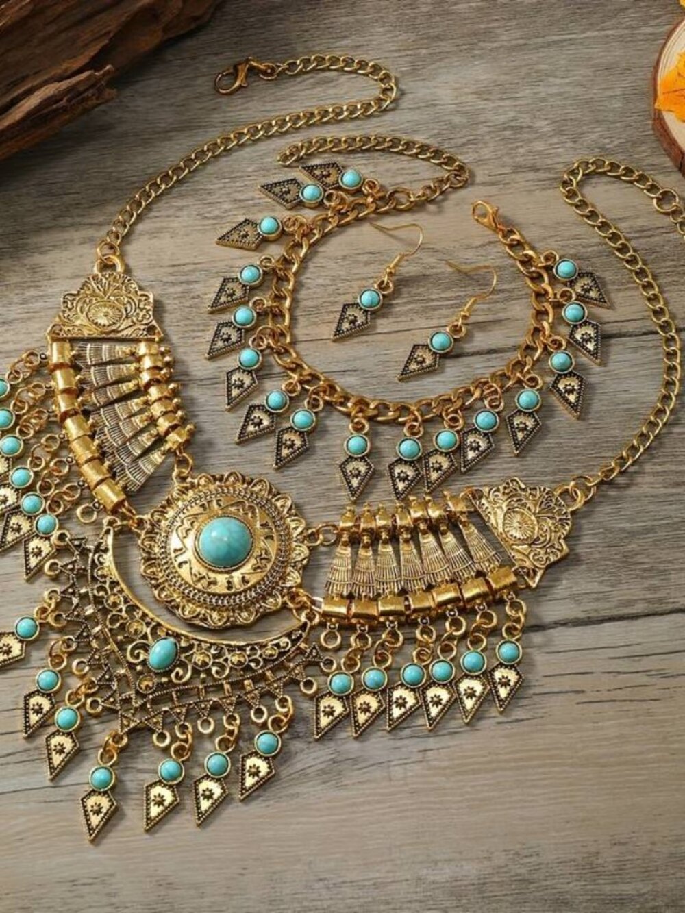 063 Golden Blue Tribal Jewelry Retro Design Necklace, Bracelet, and Earrings